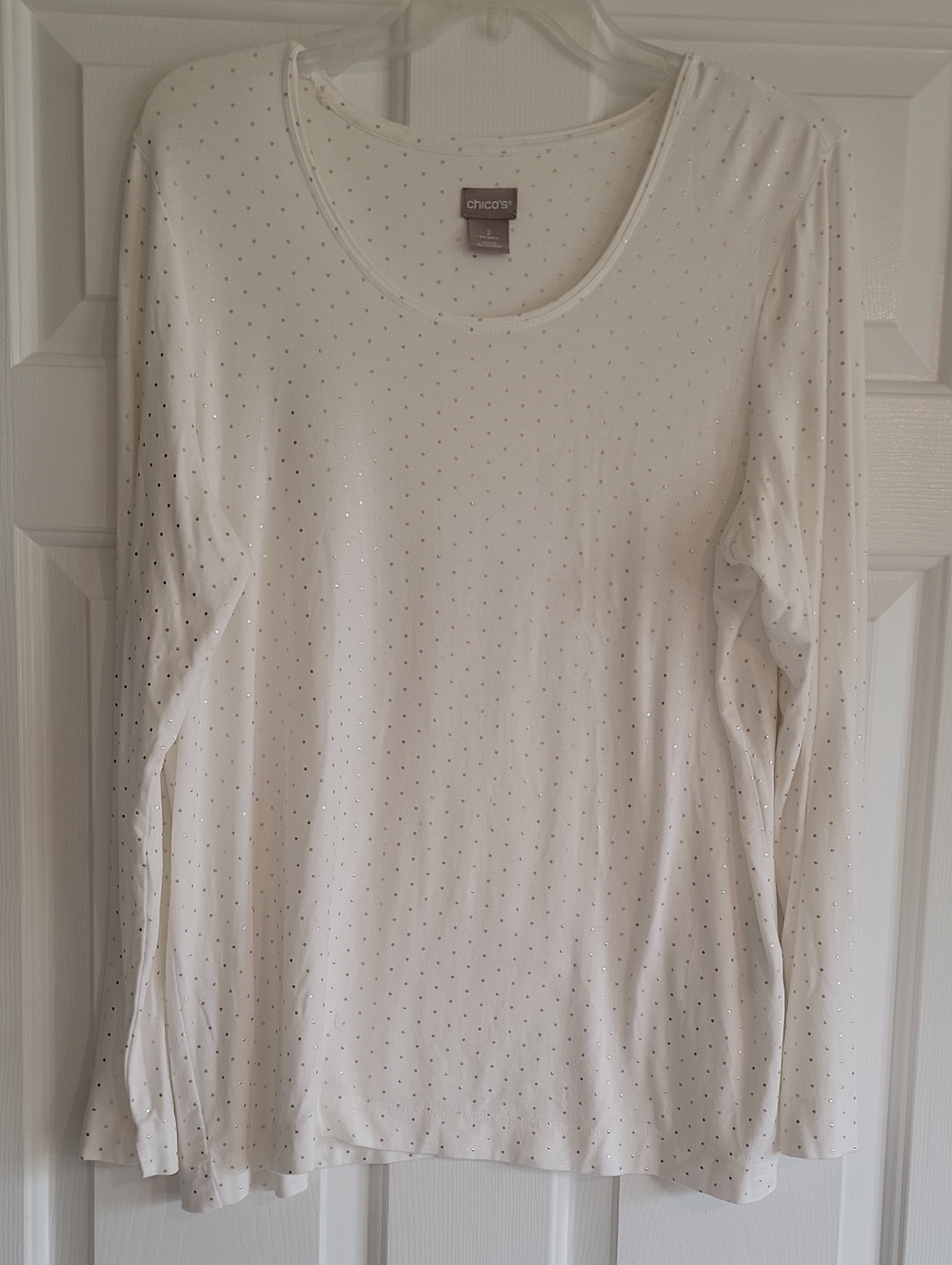Chico's Cream Long-Sleeve Scoop Neck Top with Metallic Dots, Size L